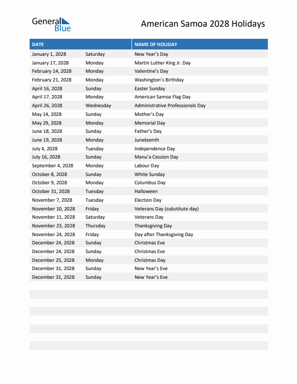 Free printable list of American Samoa holidays for year 2028
