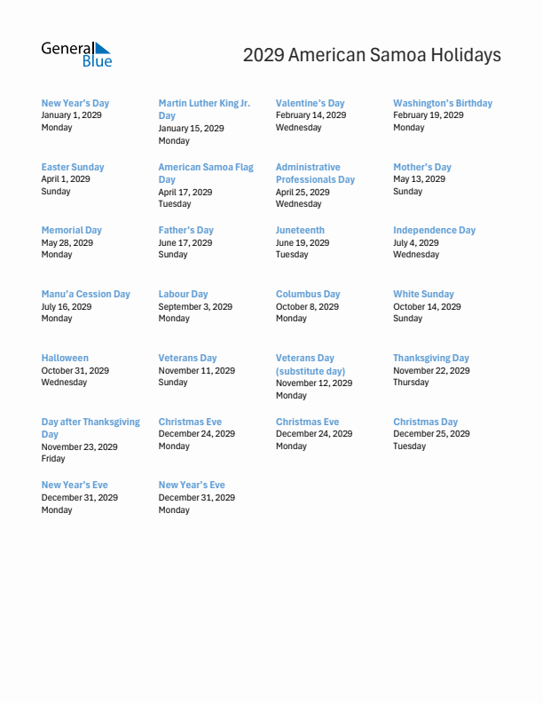 Free printable list of American Samoa holidays for year 2029
