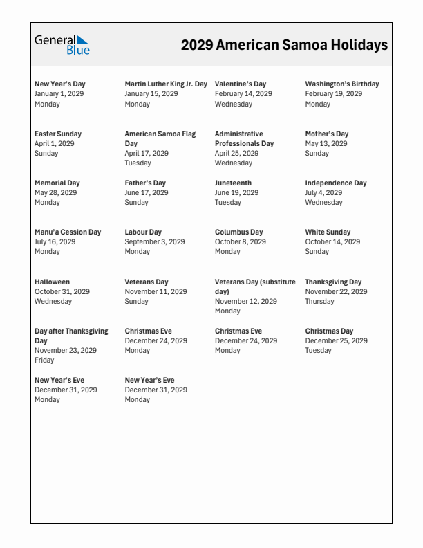 Free printable list of American Samoa holidays for year 2029