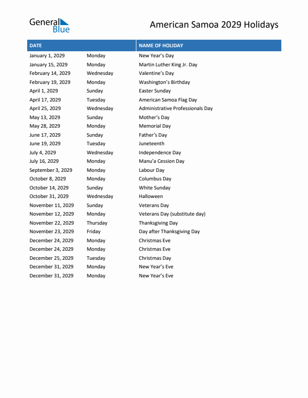 Free printable list of American Samoa holidays for year 2029