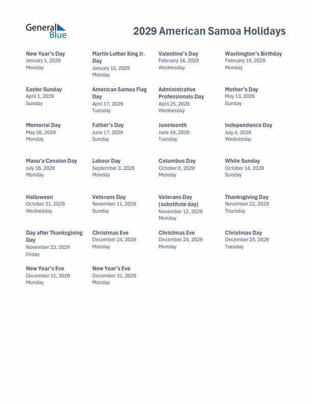 Free printable list of American Samoa holidays for year 2029