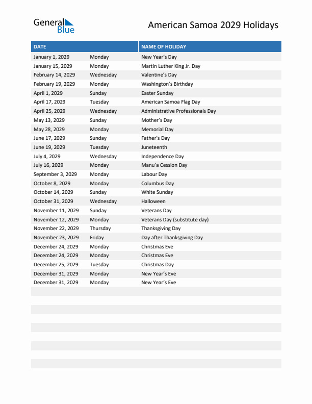 Free printable list of American Samoa holidays for year 2029