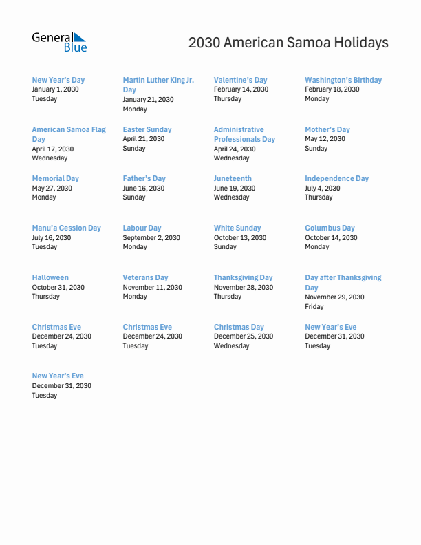 Free printable list of American Samoa holidays for year 2030