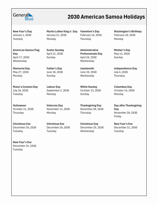 Free printable list of American Samoa holidays for year 2030
