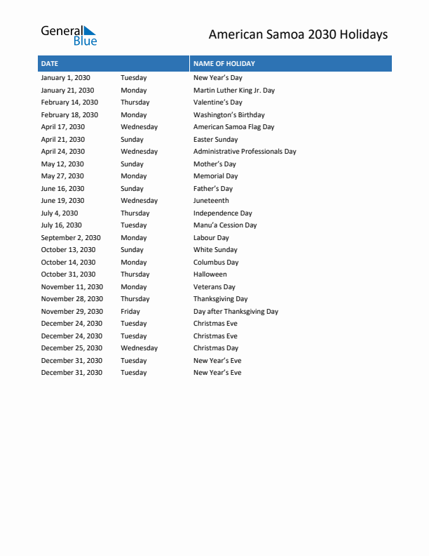 Free printable list of American Samoa holidays for year 2030