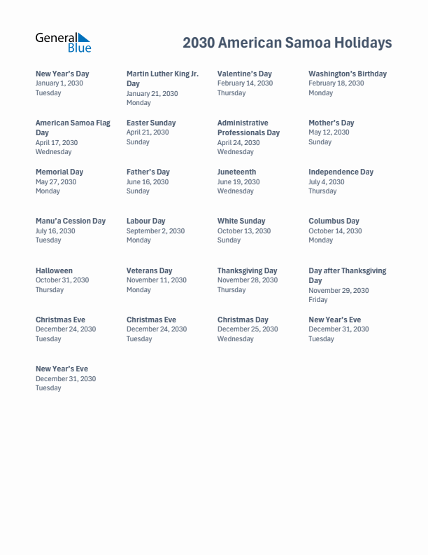 Free printable list of American Samoa holidays for year 2030