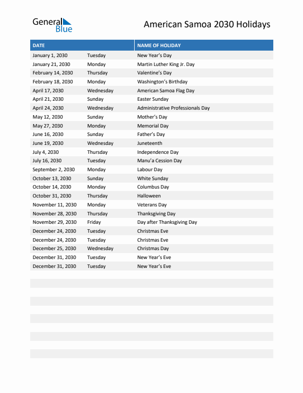 Free printable list of American Samoa holidays for year 2030