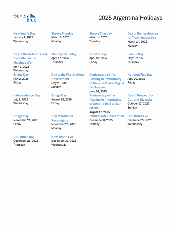 Free printable list of Argentina holidays for year 2025