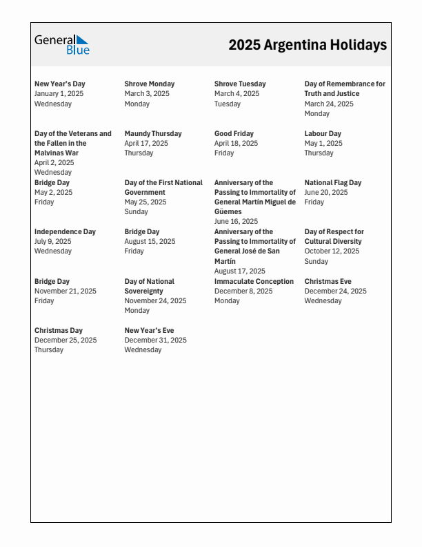 Free printable list of Argentina holidays for year 2025