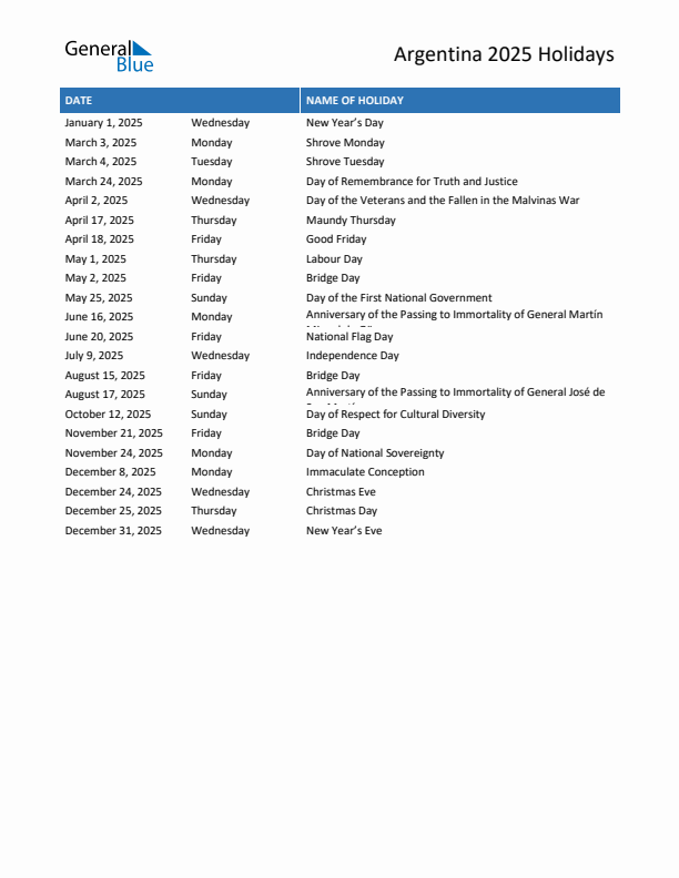 Free printable list of Argentina holidays for year 2025