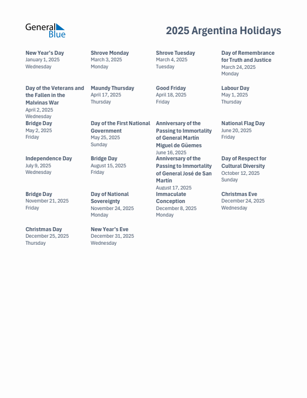 Free printable list of Argentina holidays for year 2025