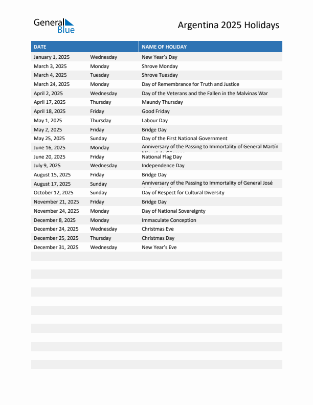 Free printable list of Argentina holidays for year 2025