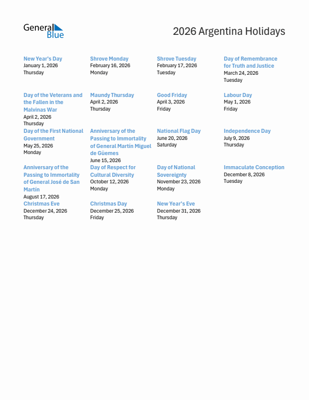 Free printable list of Argentina holidays for year 2026