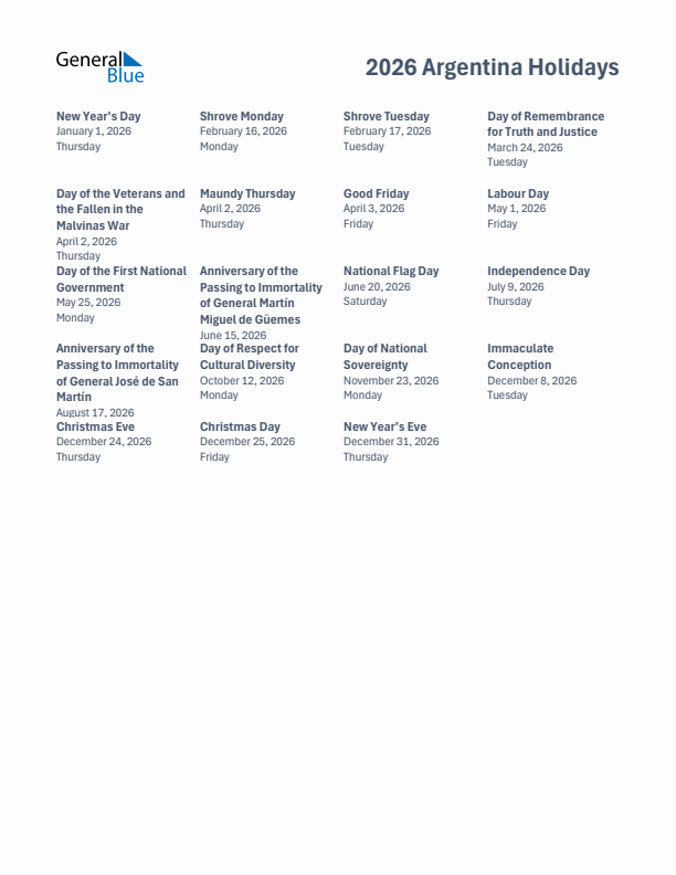 Free printable list of Argentina holidays for year 2026
