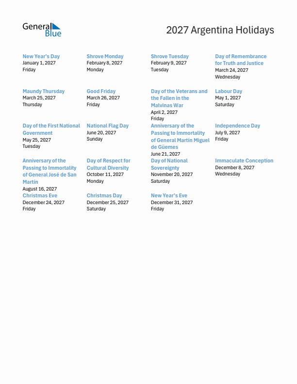 Free printable list of Argentina holidays for year 2027