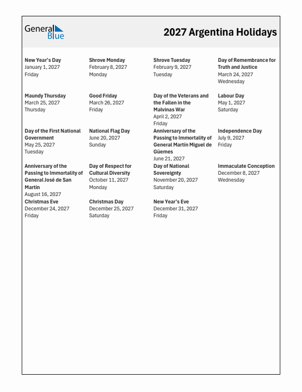 Free printable list of Argentina holidays for year 2027