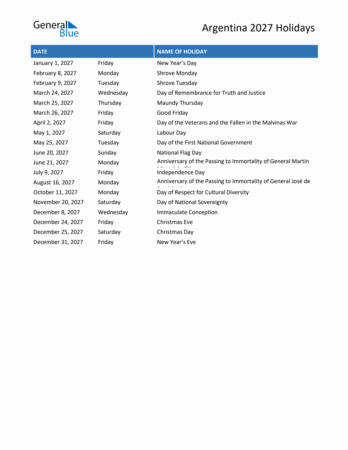 2027 Argentina List of Holidays in PDF, Word, and Excel