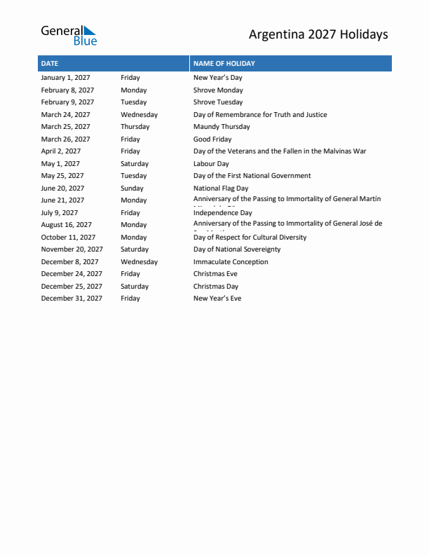 Free printable list of Argentina holidays for year 2027