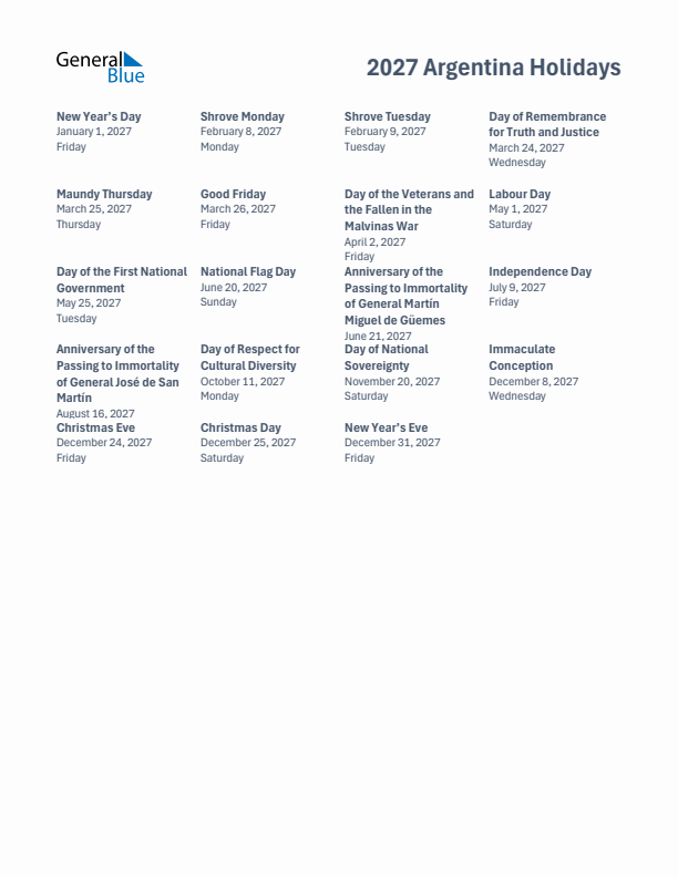 Free printable list of Argentina holidays for year 2027