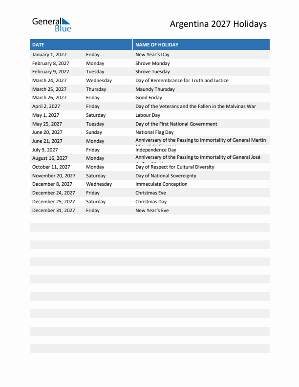 Free printable list of Argentina holidays for year 2027