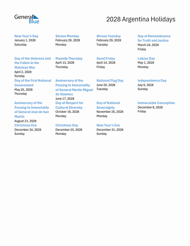 Free printable list of Argentina holidays for year 2028