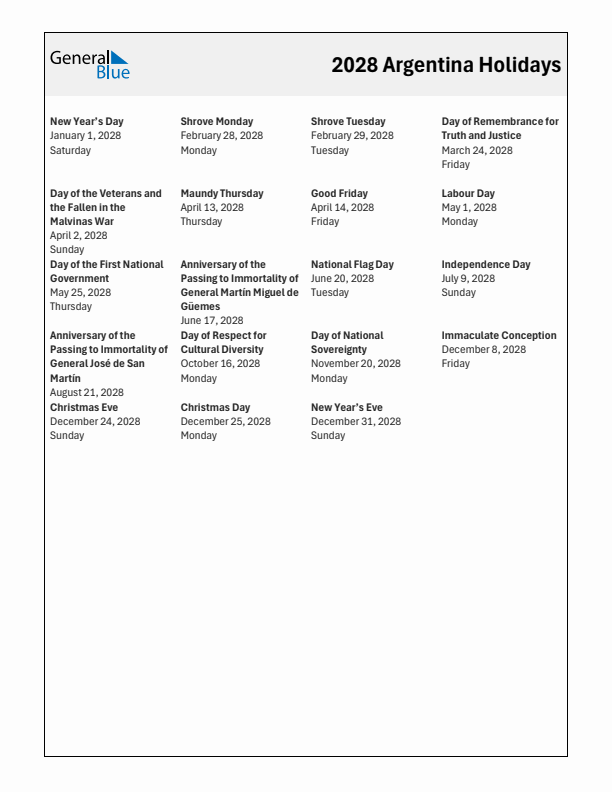 Free printable list of Argentina holidays for year 2028