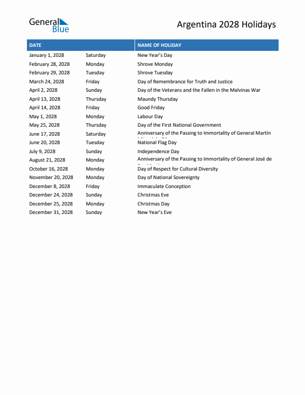 Free printable list of Argentina holidays for year 2028