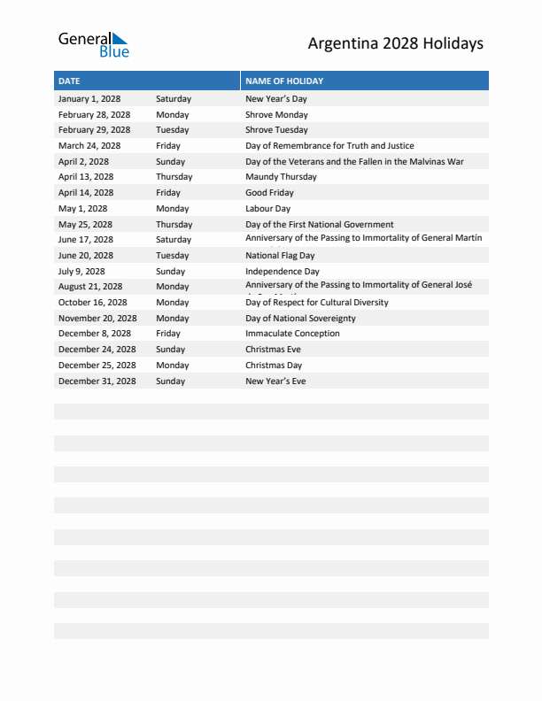 Free printable list of Argentina holidays for year 2028