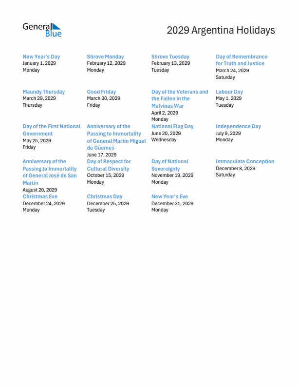 Free printable list of Argentina holidays for year 2029