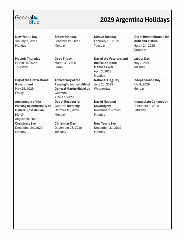 Free printable list of Argentina holidays for year 2029