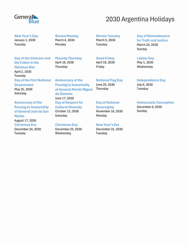 Free printable list of Argentina holidays for year 2030