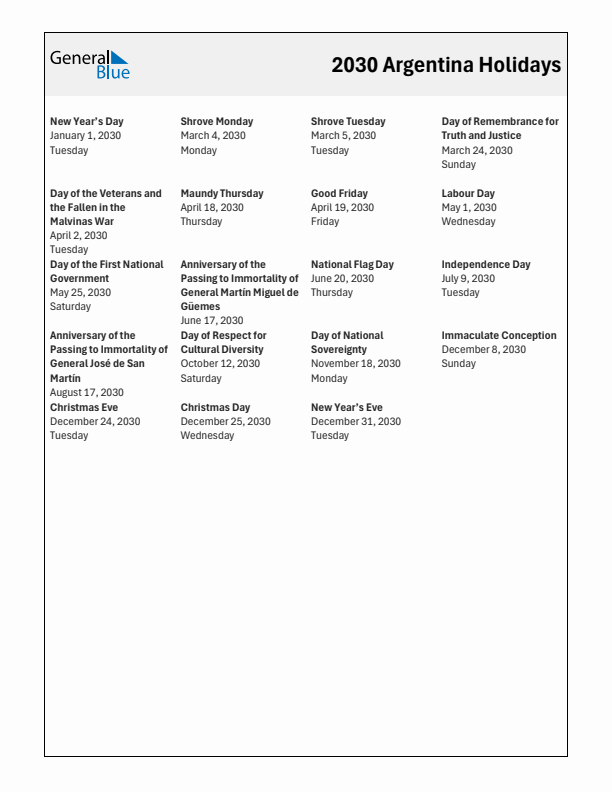 Free printable list of Argentina holidays for year 2030