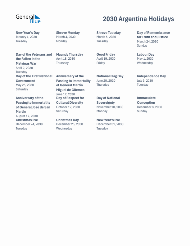 Free printable list of Argentina holidays for year 2030