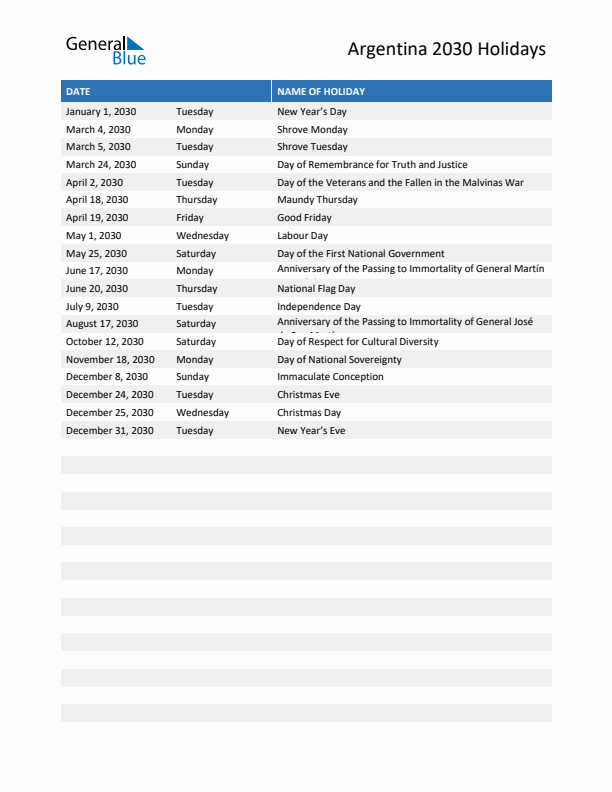 Free printable list of Argentina holidays for year 2030