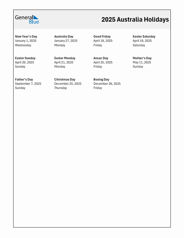 2025 Australia List of Holidays in PDF, Word, and Excel