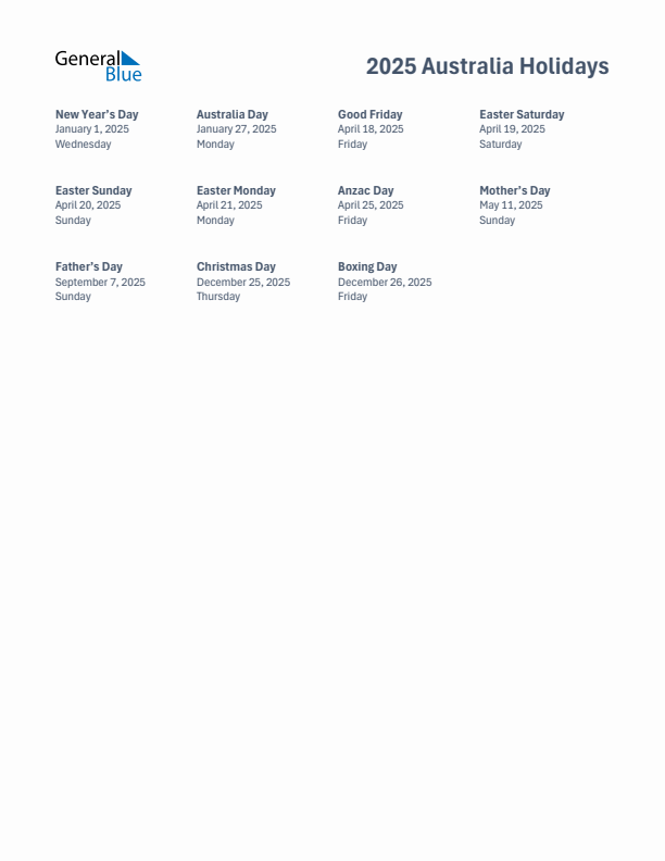 Free printable list of Australia holidays for year 2025