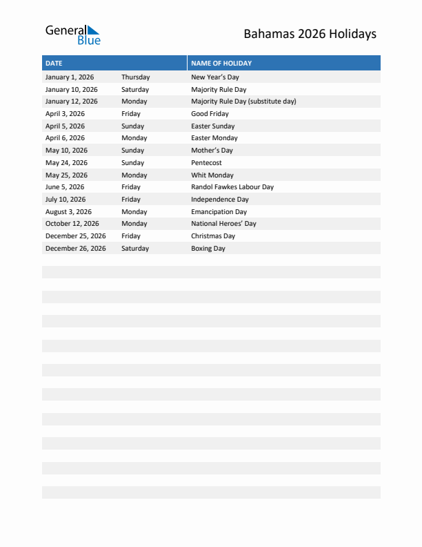 Free printable list of Bahamas holidays for year 2026