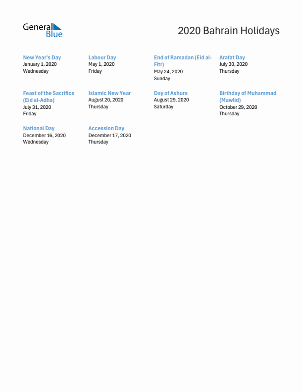 Free printable list of Bahrain holidays for year 2020