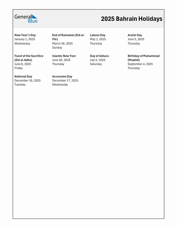 2025 Bahrain List of Holidays in PDF, Word, and Excel
