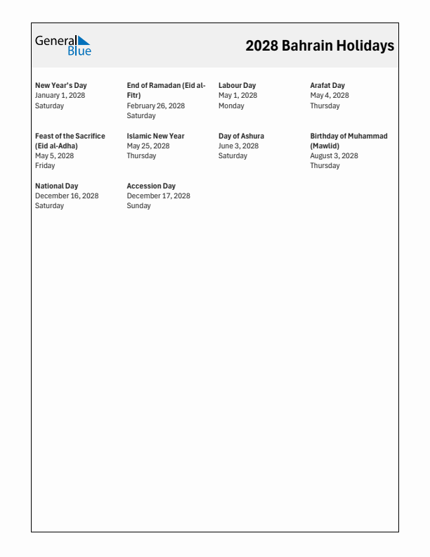 Free printable list of Bahrain holidays for year 2028