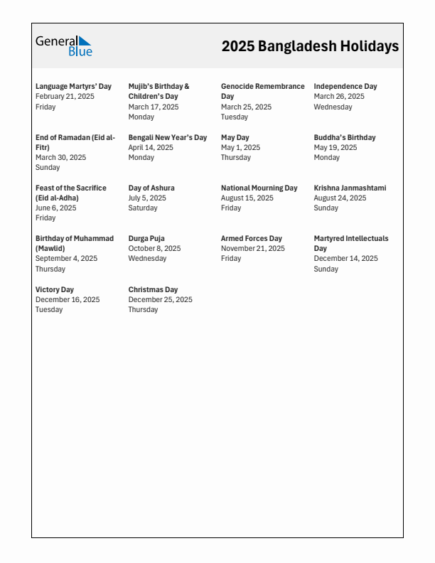 2025 Bangladesh List of Holidays in PDF, Word, and Excel