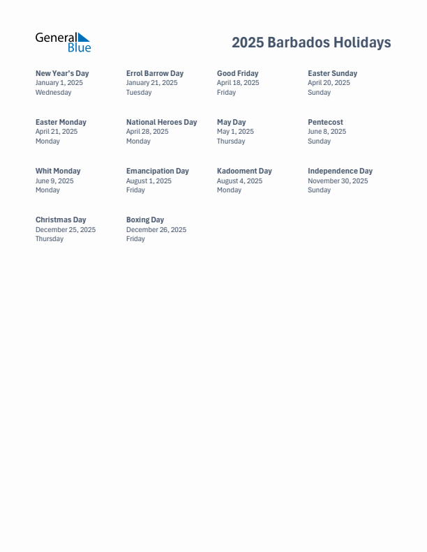 2025 Barbados List of Holidays in PDF, Word, and Excel
