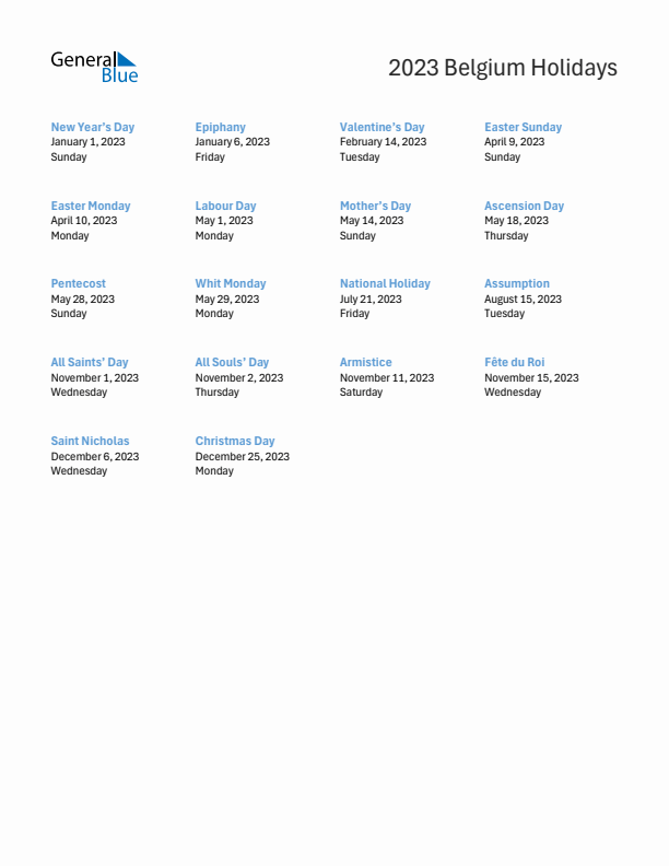 Free printable list of Belgium holidays for year 2023
