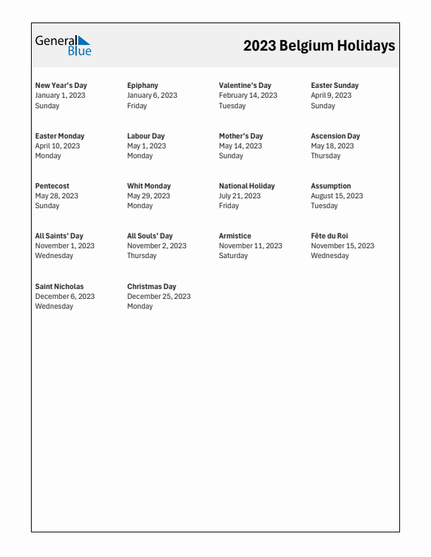 Free printable list of Belgium holidays for year 2023