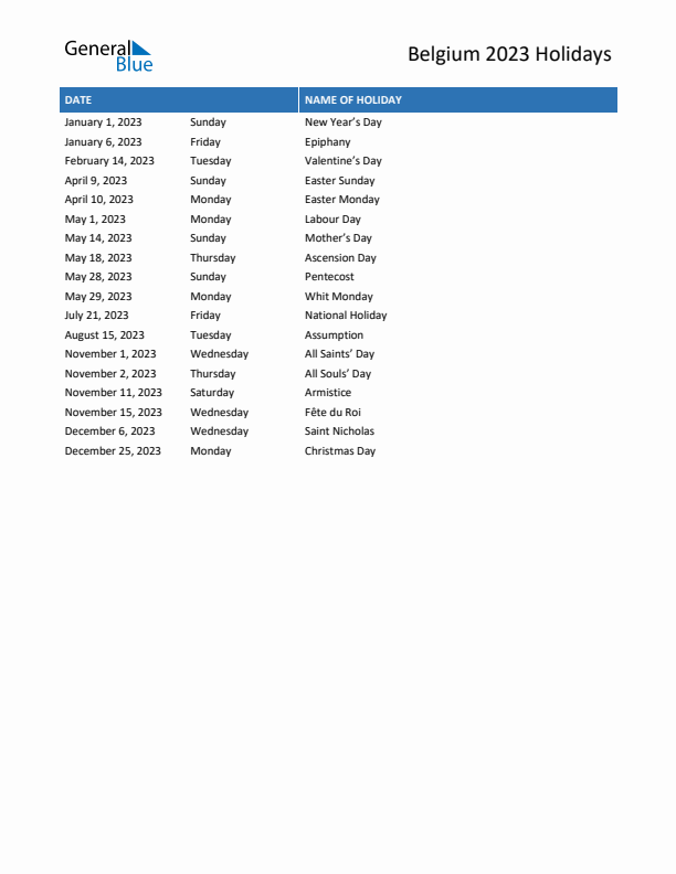 Free printable list of Belgium holidays for year 2023