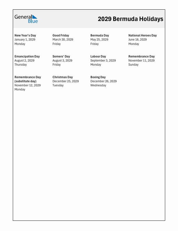 Free printable list of Bermuda holidays for year 2029