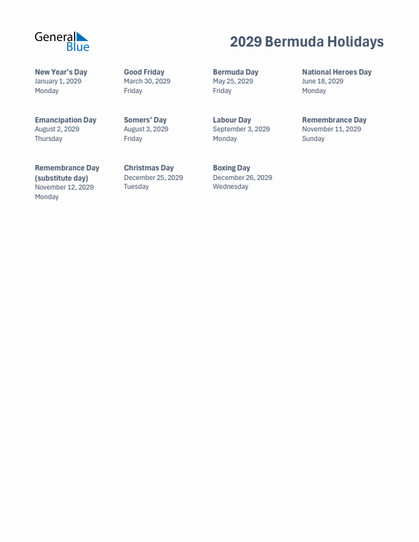Free printable list of Bermuda holidays for year 2029
