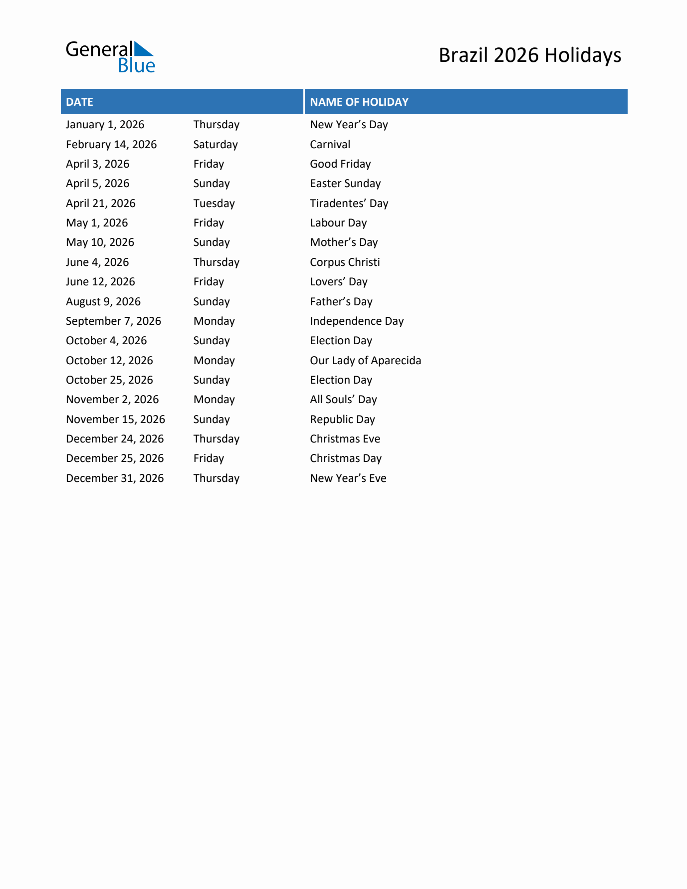 2026 Brazil List of Holidays in PDF, Word, and Excel