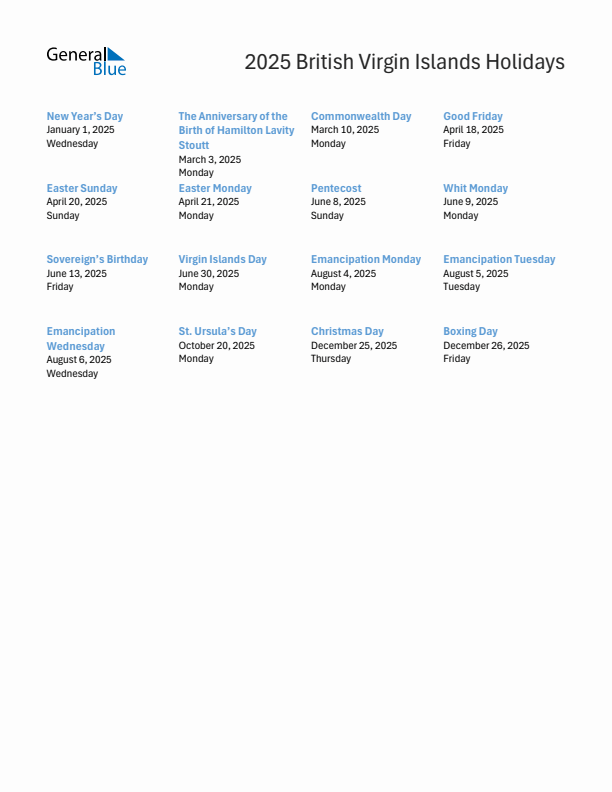 Free printable list of British Virgin Islands holidays for year 2025