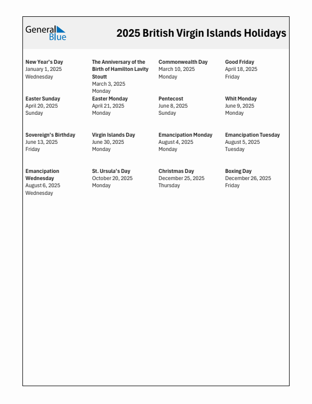 Free printable list of British Virgin Islands holidays for year 2025
